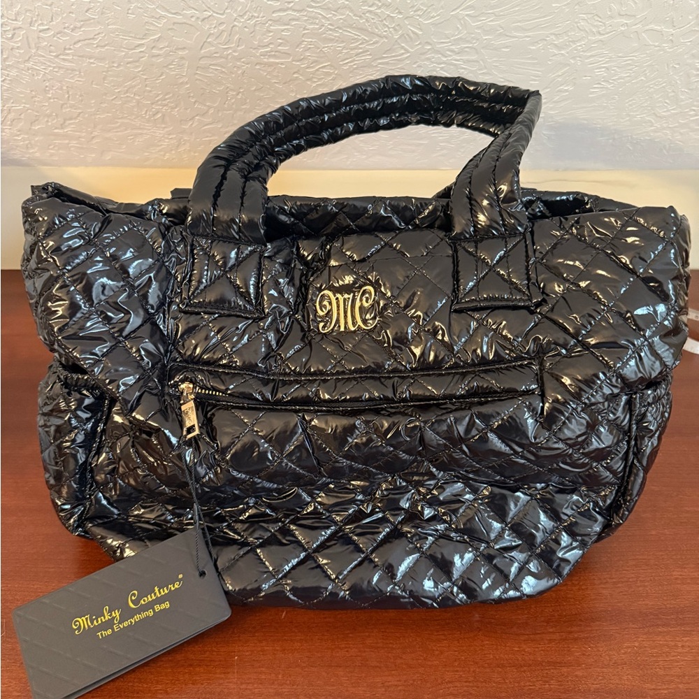 Minky Couture Black Quilted Tote with Gold Monogram